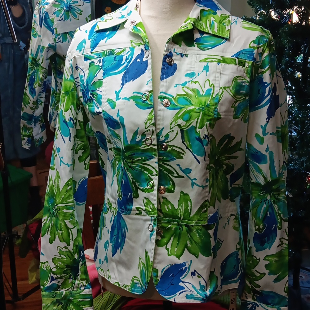 Coldwater Creek Green and Blue Floral Button-Down JEAN JACKET